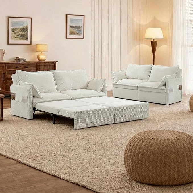 GRAINLLE King Size Pull Out Couch,3-in-1 Corduroy Sleeper Sofa with Pull Out Sofa Bed,USB & Side Storage,Convertible Loveseat Sleeper Couch for Living Room, Bedroom, pet-Friendly(Beige, 73.6'')