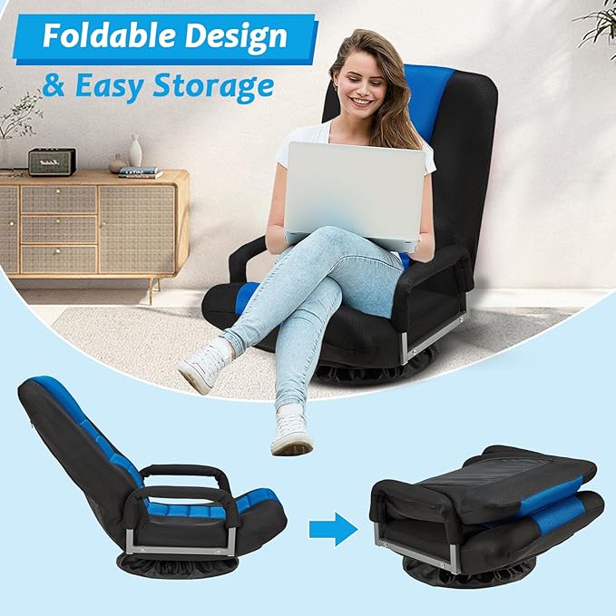 360 Rotating Swivel Gaming Chair w/6 Adjustable Positions Backrest Foldable Floor Chairs Suitable for Reading, Relaxing, Mediation,Blue
