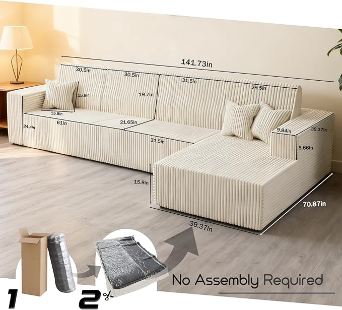 Komusou 142" Boneless Couch, Cloud Modular Sectional Sofa with L-Shape Chaise and Deep Seat, Modern Upholstered Couches for Living Room Bedroom No Assembly Required (Beige, Right Facing Chaise)