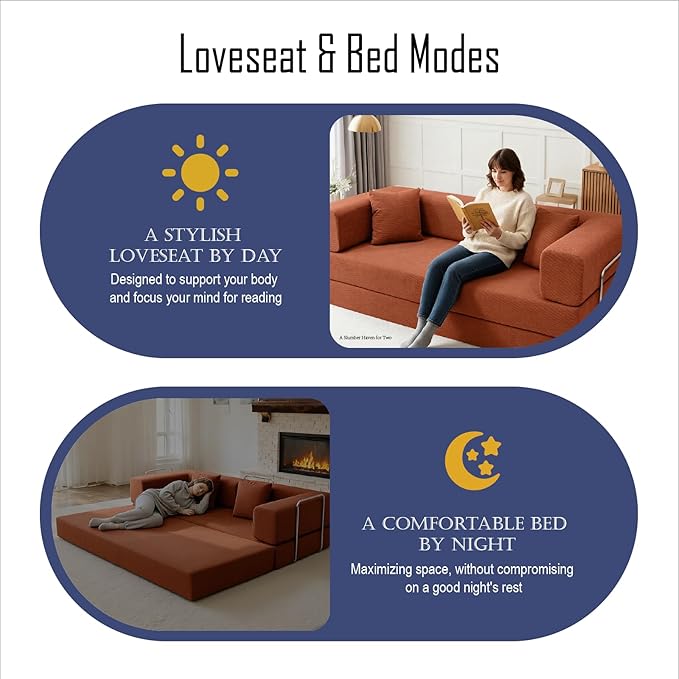 79 Inch Convertible Sofa Bed Couch in Box, 5 in 1 Folding Modular Boneless Couch with Pull Out Bed 2 Pillows, Soft Corduroy Floor Futon Lounge Loveseat Sleeper Lazy Cama No Assembly Orange