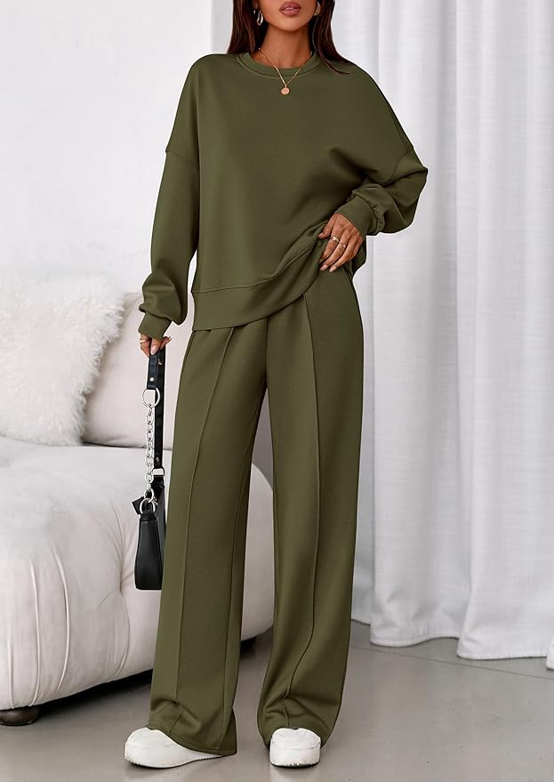 PRETTYGARDEN 2 Piece Sets For Women Fall Trendy Long Sleeve Sweatshirt Wide Leg Pants Loungewear Set Matching Sweatsuit