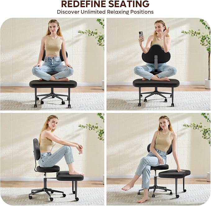 Pinmoco Cross Legged Office Chair with Wheels, Meditation Chair, ADHD Chair for Adults, Wider Height Adjustable Backrest and Seat, Yoga Office Chair, PU Leather, Black
