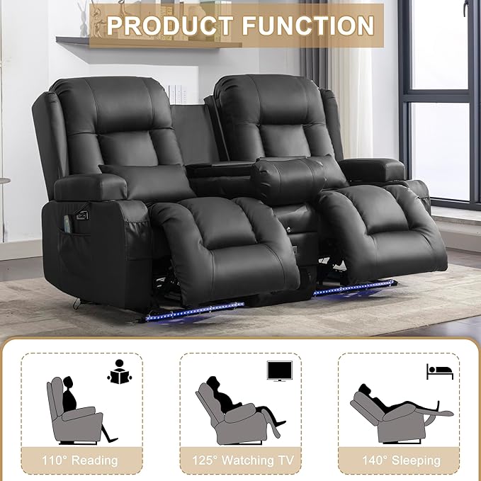 URRED Loveseat Recliner Sofa with Massage and Heat, Power Reclining Loveseat Sofa RV Couch with Console, Home Theater Seating with LED Lights, Bluetooth Speakers, USB, Outlets, Faux Leather, Black | Wall Hugger, Double Recliner, Zero Gravity, Full Body...