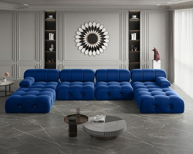 JACH 138" Modular Sectional Couches, U Shaped Minimalist Velvet Sofas, Convertible Sectional Sofa, Modern Comfy Couch with Chaise Ottomans for Living Room Apartment, (Blue)
