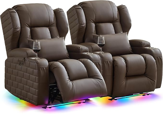 Wall Hugger Power Recliner Chair with Heat and Massage, Overstuffed Reclining Sofa Chair for Living Room Home Theater RV with 3-Side LED Lights/Cup Holders/USB & Type C Port (Coffee)