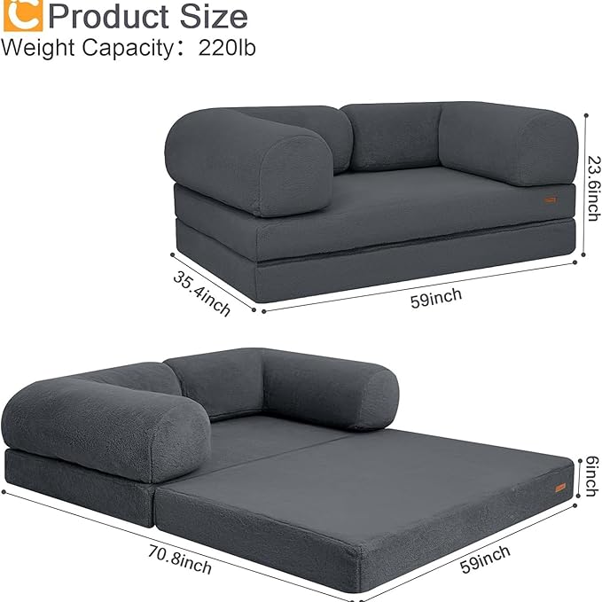COMAX Folding Sofa Bed Queen, Foldable Couch Bed, Fold Out Futon Chair Sleeper for Adults, Convertible Floor Mattress Sofa for Bedrooom Living Room Guest Room, Faux Fur Dark Grey