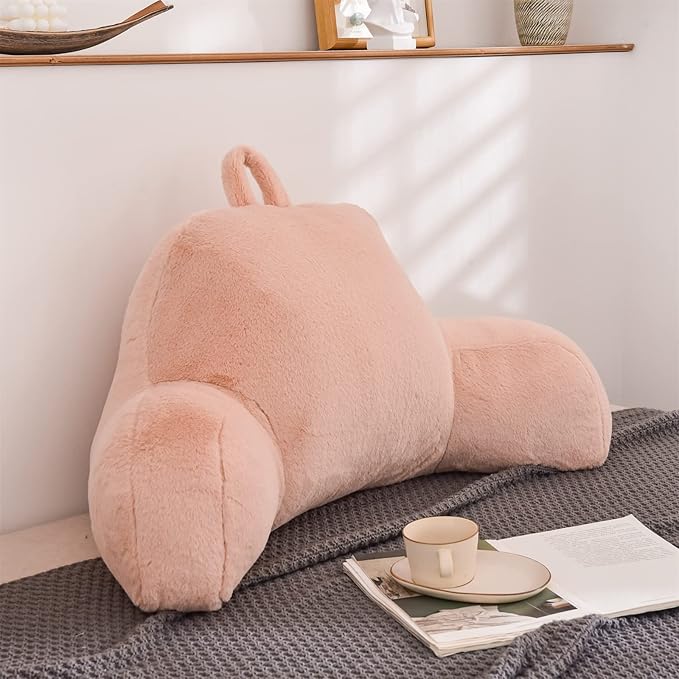 A Nice Night Faux Fur Reading Pillow Bed Wedge Large Adult Children Backrest with Arms Back Support for Sitting Up in Bed/Couch for Bedrest,Pink