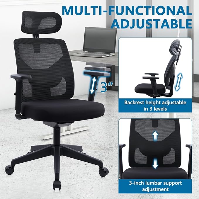 CLATINA Heavy Duty Ergonomic Office Chair 400LBS, Big and Tall Desk Chair with Adjustable Lumbar Support Mesh Back & Headrest, Swivel Computer Task Chair with 3D Arms for Home, Conference, Black, 6PCS