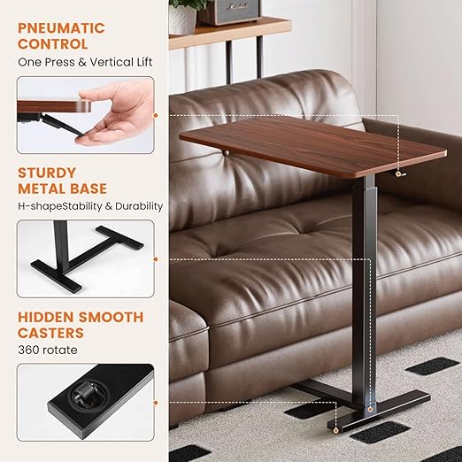 Mobile Bed Laptop Desk with Lockable Wheels and Height Adjustment Function Versatile Overbed Table for Hospital Bedside and Efficient Home Office, Brown