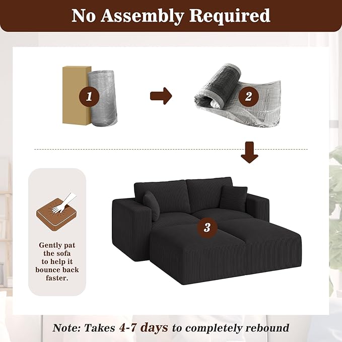 79" Modular Sectional Sofa, Cloud Couch Loveseat Memory Foam Boneless Couch with Ottoman, Cozy 2 Seater Corduroy Floor Couch, No Assembly Required Living Room Furniture for Apartment, Black