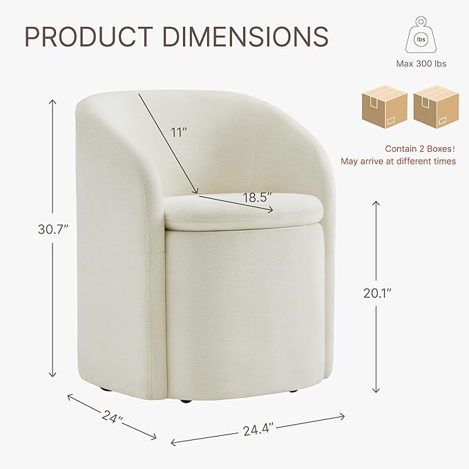 Upholstered Dining Chairs with Casters, Rolling Modern Dining Room Chairs with Hidden Storage & Barrel Backrest, Easy Assembly Accent Chair for Bedroom, Living Room, Dressing, Linen Fabric,2PCS