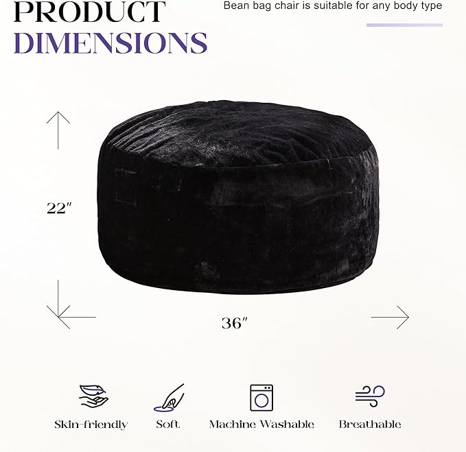Hobestluk Bean Bag Chairs Giant Beanbag Chair with Filler, Memory Foam Bean Bags with Fluffy & Machine Washable Cover, Bean Bag Chairs for Aduts for Living Room, Bedroom (BLACK, 3FT - 36” x 36” x 22”)