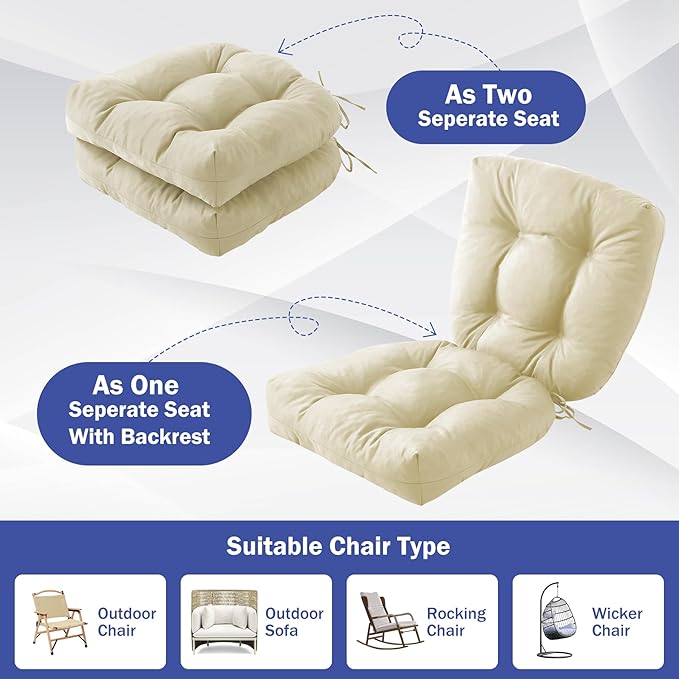 IPYNBAP Outdoor Chair Cushions Set of 4, Patio Chair Cushions with Ties, 19x19+5” Tufted Outdoor Seat Cushions, Waterproof Patio Furniture Cushions, Outdoor Dining Chair Pads, Beige