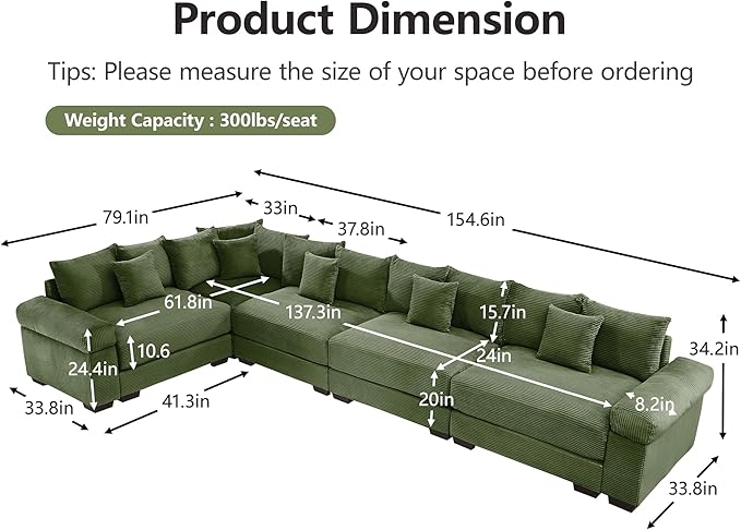 KEIKI 146" L-Shaped Oversized Corduroy Modular Cloud Sectional Sofa with High-Density Foam Cushion, Extra-Thick Armrest, Convertible 5-Seater Fluffy Corner Couch with 18 Pillow, for Living Room, Green