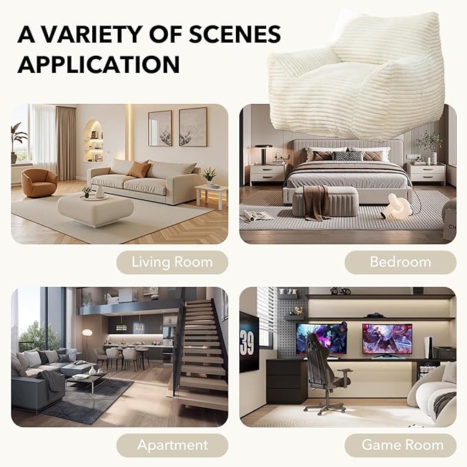 Giant Bean Bag Chair for Adults, Corduroy Upholstered Beanbag Chair with Side Pocket, Comfy Bean Bag Sofa with Portable Handle, Floor Sofa Chair for Bedroom (White)