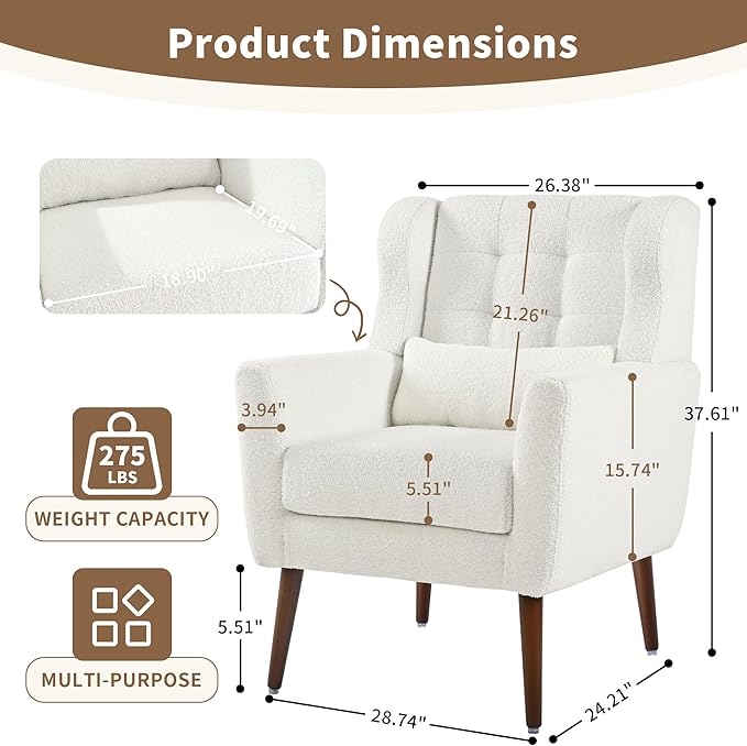CHSICFOR Modern Accent Chair, Upholstered Arm Chair with Waist Pillow, Single Sofa Chair for Living Room Bedroom Small Spaces (White)