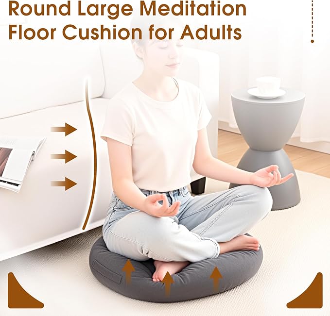 2Pcs Floor Pillows for Adults, 22x22x6 Inch Meditation Cushions, Large Round Sitting Cushion Living Room Memory Foam Pillow for Sitting (2, Grey, 22x22x6 Inch)