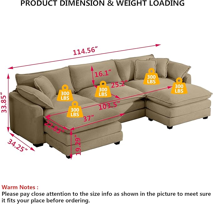 Aoowow Corduroy 3 Seater Couch with Ottomans,Modern Large Cloud Couches for Living Room,U Shaped Modular Sectional Cloud Sofas Deep Seat,U Shape Oversized Tufted Sofa Set (Tan, 3 Seater + 2 Ottoman)