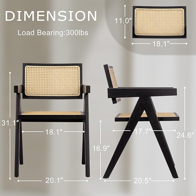 Cane Dining Chairs Set of 4, Rattan Kitchen Chairs Black for Dining Room with Armrest