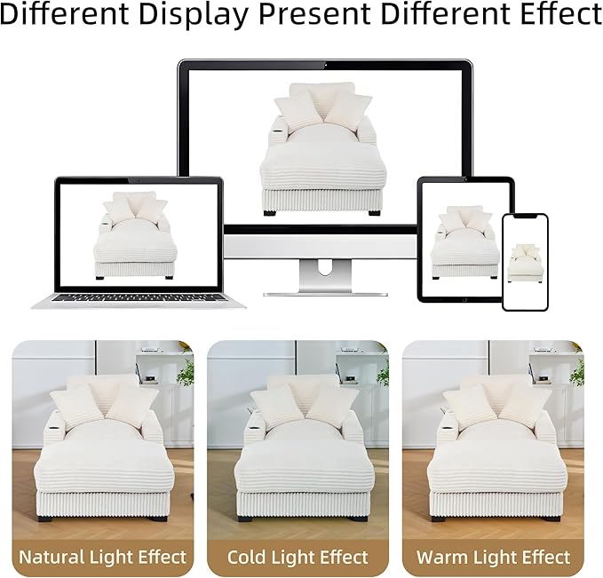 Oversized 60" Chaise Lounge Chair with Adjustable Backrest, Solid Wood Frame Corduroy Upholstery, Cup Holder USB & Type-C Port, 2 Pillows Sleeper Couch Deep Seat for Living Room, Bedroom, White