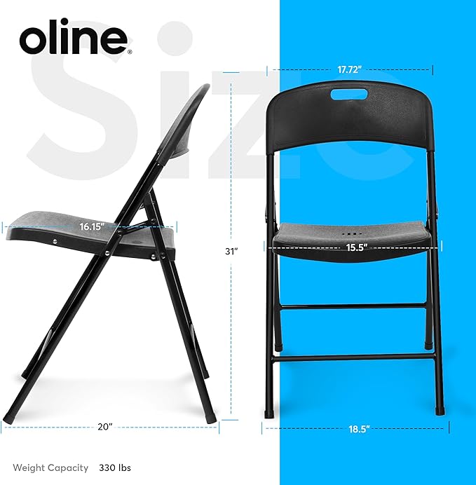 Oline Folding Chair, Indoor Outdoor Plastic Commercial Stackable Foldable Guest Chairs for Events Office Wedding Party Picnic Kitchen Dining, 350lb Capacity (Black, 2 Pack)