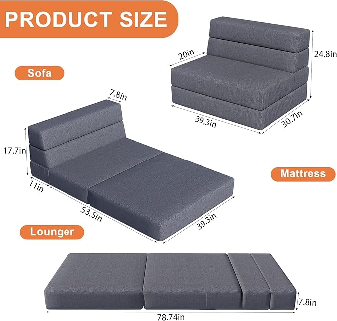 Convertible Folding Sofa Bed,Sleeper Chair,Portable Fold-Out Chair Bed with Backrest & Memory Foam,Modern Floor Futon Sofa Couch Mattress for Living Room/Guest/Apartment