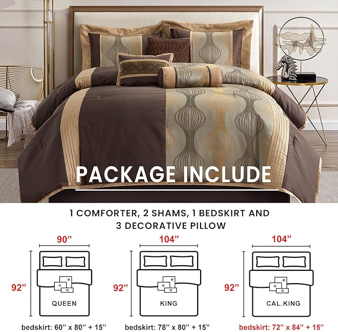 Grand Avenue Elegant Full Bed Comforter Set 7 Piece Bed in a Bag, Jacquard Bedding Set for All Season,Striped, Brown Comforter, Matching Decorative Pillows, Pillow Sham