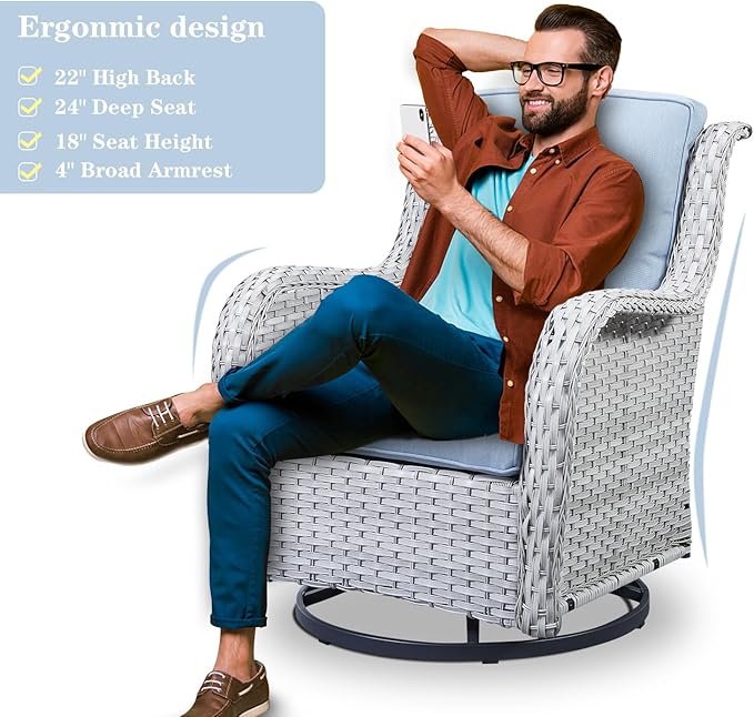 Belord Outdoor Swivel Rocker Patio Chairs Set of 3, High Back Swivel Patio Chairs Wicker Furniture Set, 2 PCS Rattan Swivel Rocking Chair with Side Table, Light Grey Wicker