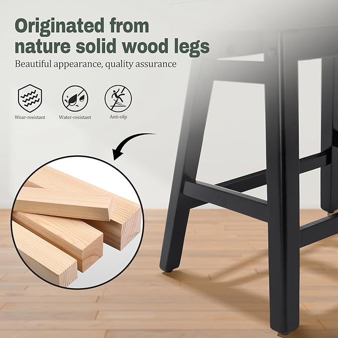 RNKSFX Counter Height Black Bar Stools Set of 6 for Kitchen Counter, Backless Farmhouse Kitchen Island Barstools with Upholstered Faux Leather Saddle Seat and Solid Wood Legs Modern 24 inch Bar Chairs