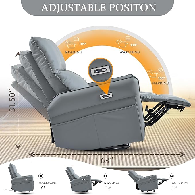 QKFF Power Swivel Rocker Recliner Chair for Nursery, Upholstered 270° Swivel Glider Rocker Chair with USB Ports, Small Power Recliners for Small Spaces Living Room