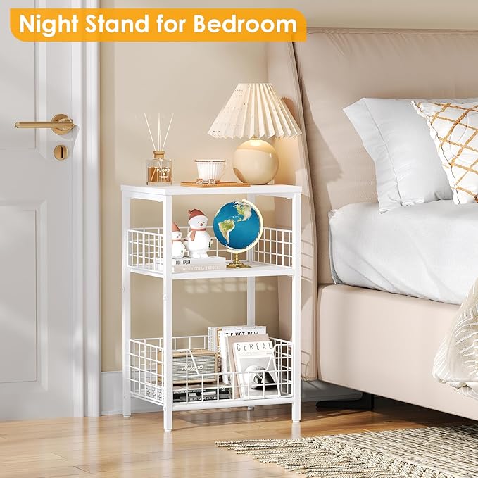 X-cosrack End Table, Small Side Table with Storage, 3-Tier Night Stand for Living Room, Bedroom, Small Spaces, White(Patent Pending)