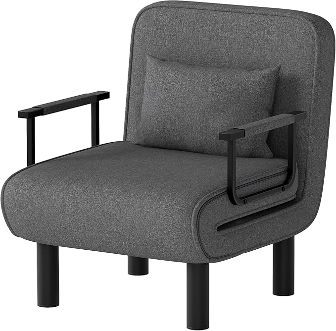 Furniliving 4 in 1 Folding Sofa Bed Chair, Convertible Sleeper Chair Bed with 6-Position Adjustable Backrest, Upholstered Chaise Lounge with Pillow, Accent Chairs for Bedroom, Linen, Darkgrey, 2