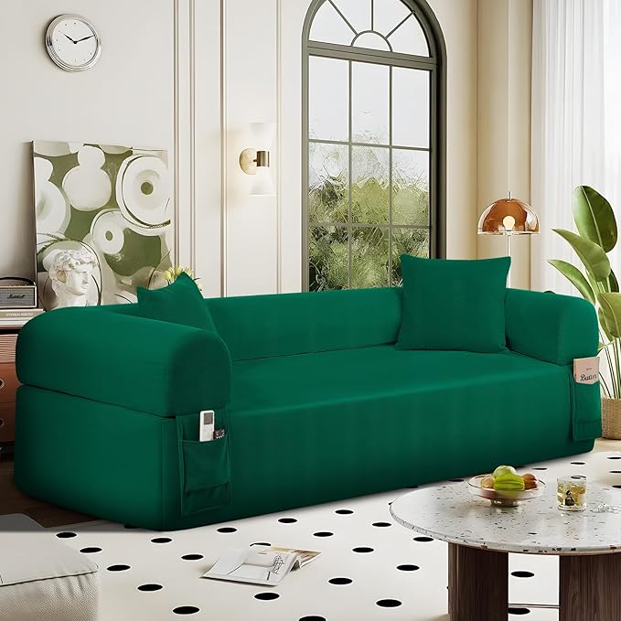 83" Boneless Couch, 3 Seater Sofa with 2 Matching Pillows Compact Corduroy Couches for Living Room Side Storage Pockets, Floor Sofa with Removable Armrests, No Assembly Required, Green