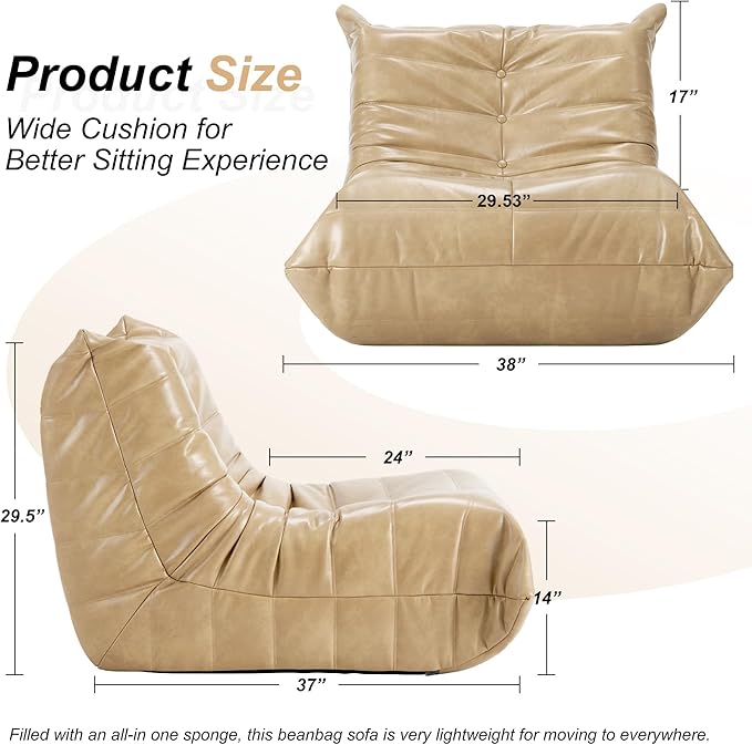 Hobestluk Giant Bean Bag Chair Lazy Floor Sofa, Memory Foam Fireside Sofa for Adults, Big Beanbag Faux Leather Armless Chair for Living Room Bedroom Dorm Office (Khaki, Single)
