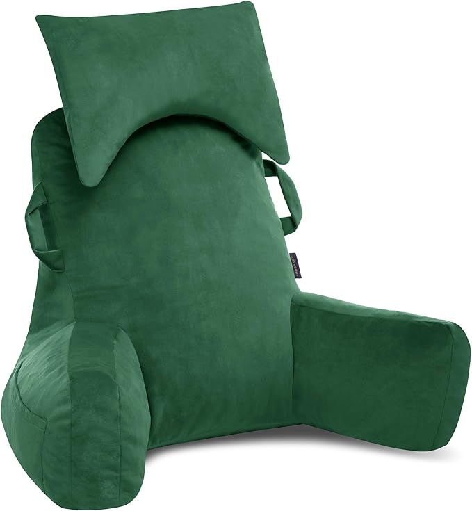 Unisakey Portable Reading Pillows with Headrest for Bed Sitting Up(Green Oeko-Tex), Velvet Back Pillow with Arms & Pockets for Adults, Support Memory Foam Bed Pillow for Dorm/Reading/Watching/Gaming