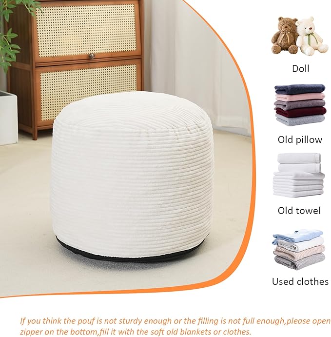 Yueyocici Pouf Ottoman Stuffed Round Modern Foam Filled Foot Rest Corduroy Poufs for Living Room Chair Decorative 20 X 15 Inches Fluffy Pouf Foot Stool Storage Ottoman, Beige