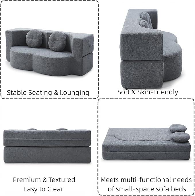 76" Convertible Folding Sofa Bed, 2-in-1 Twin Size Loveseat Sleeper Couch Bed with Two Pillows, Foldable Space-Saving | Design for Dorms Apartments Bedroom& Living Room,No Assemble(Grey)