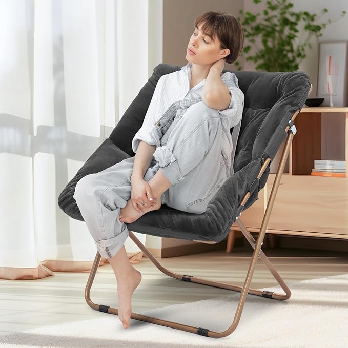 Athena Collection Saucer Chair for Adult, Square Comfy Cozy Chair Folding Chair Faux Fur Metal Frame Foldable Reading Chair Accent Chair for Bed Room Living Room, Black