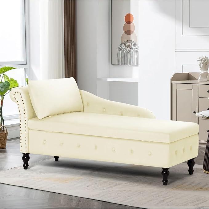ACMEASE Upholstered Chaise Lounge with Left Armrest & Lumbar Pillow,Button Tufted Lounge Sofa with Storage,Lounge Chair Indoor,Modern Velvet Lounge Chair for Bedroom, Living Room and Office,Beige
