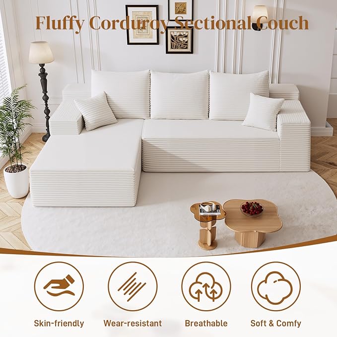 108" Boneless Cloud Sectional Couches for Living Room, Comfy Fluffy L Shaped Memory Foam Deep Seat Boneless Couch, Modular Sectional Sofa with Left Facing Chaise, White