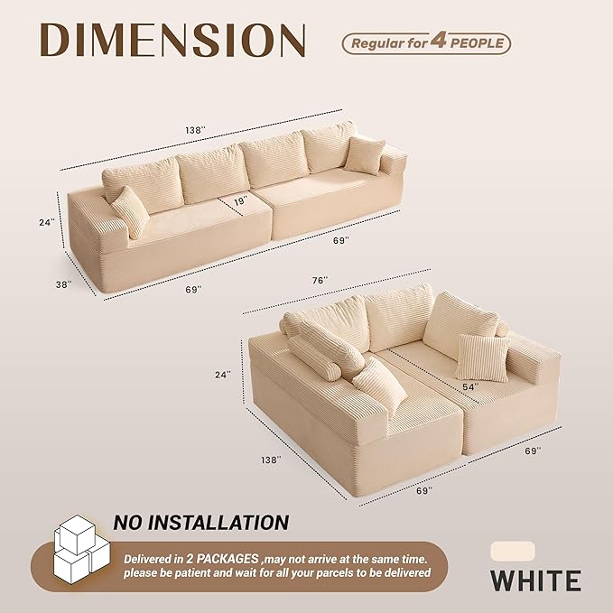 Chaise Lounge Chair, Sleeper Couches, Boneless Couch for Living Room and Bedroom, Corduroy, White