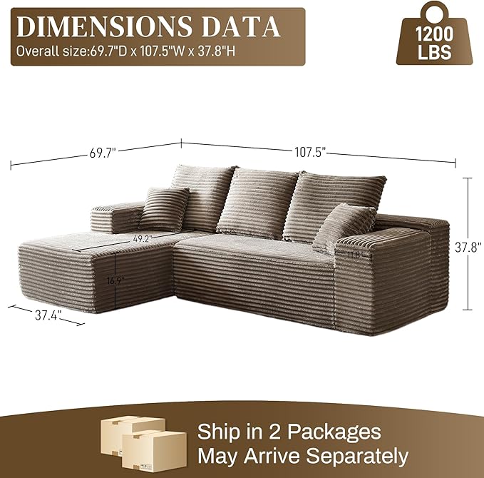 HYJT-H&K Modular Sectional Sofa Cloud Couch, 107" Comfy L Shaped Sectional Couches for Living Room, Deep Seat Memory Foam Plush Fluffy Corduroy Boneless Couch Sectionals Left Facing Sofa Chaise Camel