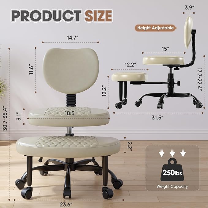 Anunweldo Cross Legged Office Chair, 360° Swivel ADHD Chairs for Adults, Height Adjustable Ergonomic Cross Legged Office Chair with Wheels, Wide Cross Legged Chair for Meditation, Yoga (Beige)