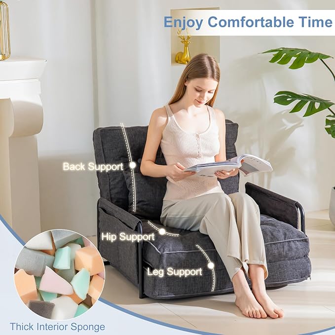 YOSHOOT Adjustable Lazy Floor Sofa, Folding Couch Bed with 5 Positions Adjustable Backrest, Convertible Bean Bag Sofa Bed Couch Foldable Sleeper Chair with Pillow for Reading Gaming（Grey, Single）