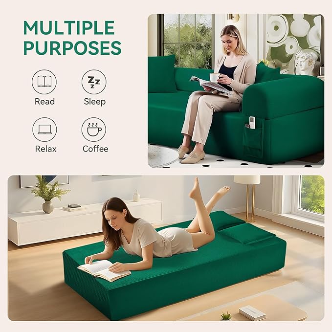 83" Boneless Couch, 3 Seater Sofa with 2 Matching Pillows Compact Corduroy Couches for Living Room Side Storage Pockets, Floor Sofa with Removable Armrests, No Assembly Required, Green