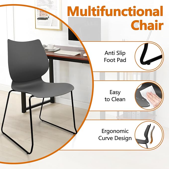Stacking Waiting Room Chairs, Stacked Plastic Office Chair with Ergonomic Lumbar Support and Metal Legs for Conference School Church Guest Reception Set of 8, Grey