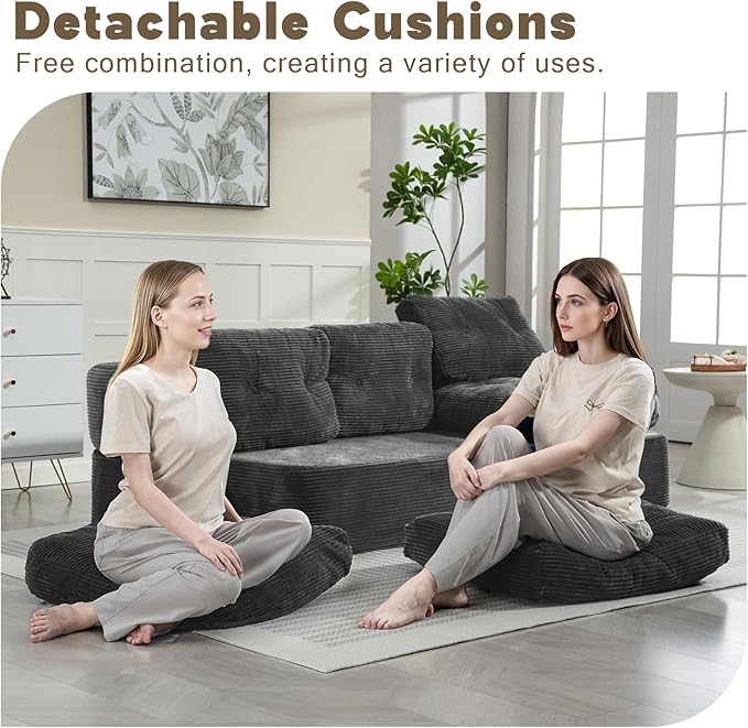 MeMoreCool Convertible Floor Sofa Couch – 3-Seater Sleeper with Tufted Cushions, Dark Grey Corduroy Modular Foam | Cloud Couch for Living Room & Bedroom | No Assembly | Soft Ergonomic Support