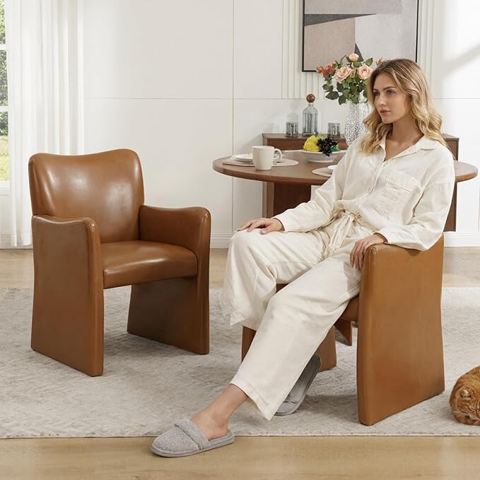 CIMOTA Brown Faux Leather Dining Chairs Set of 6, Upholstered Accent Chairs with Arms/Wood Legs, Comfortable Kitchen Chairs for Living/Reception/Dining Room