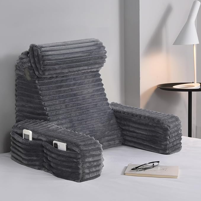 ENITYA 19” Back Pillow for Bed Sitting up, Built-in Armrests & Big Pockets, Back Support Chair Pillow for Sitting up/Watching TV/Reading/Gaming/Resting/Post Surgery/Nursing