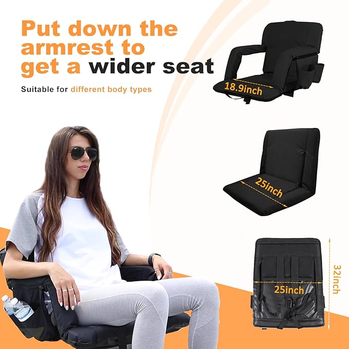 nalone Folding Stadium Seat Set of 2, 25 inch Extra Wide Stadium Chairs for Bleachers Stadium Seat Bleacher Chairs Portable with Back Supports Thick Padded Cushion Armrests Reclining (Black)